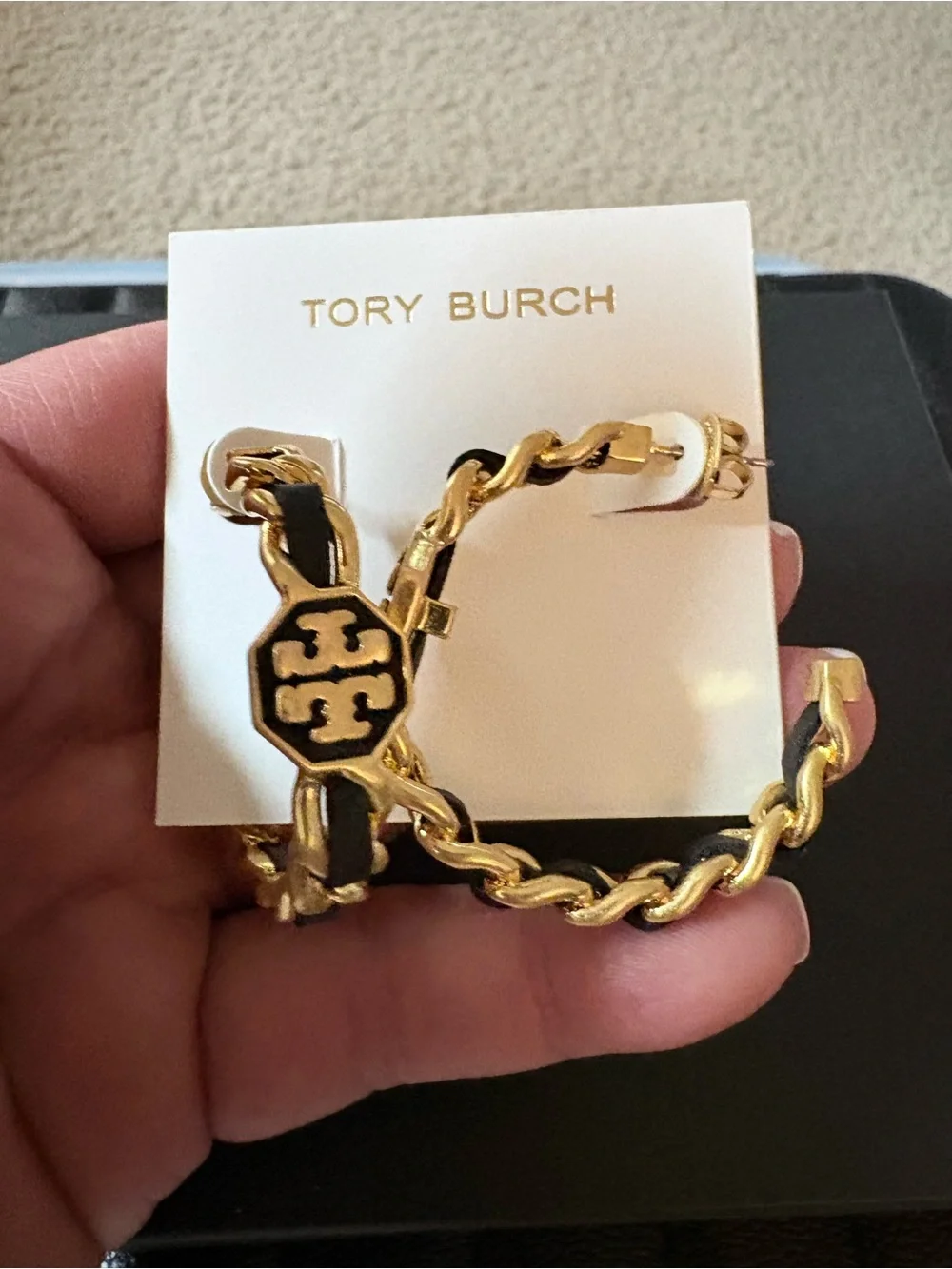 Tory Burch Gold and Black Logo Chain Hoop Earrings